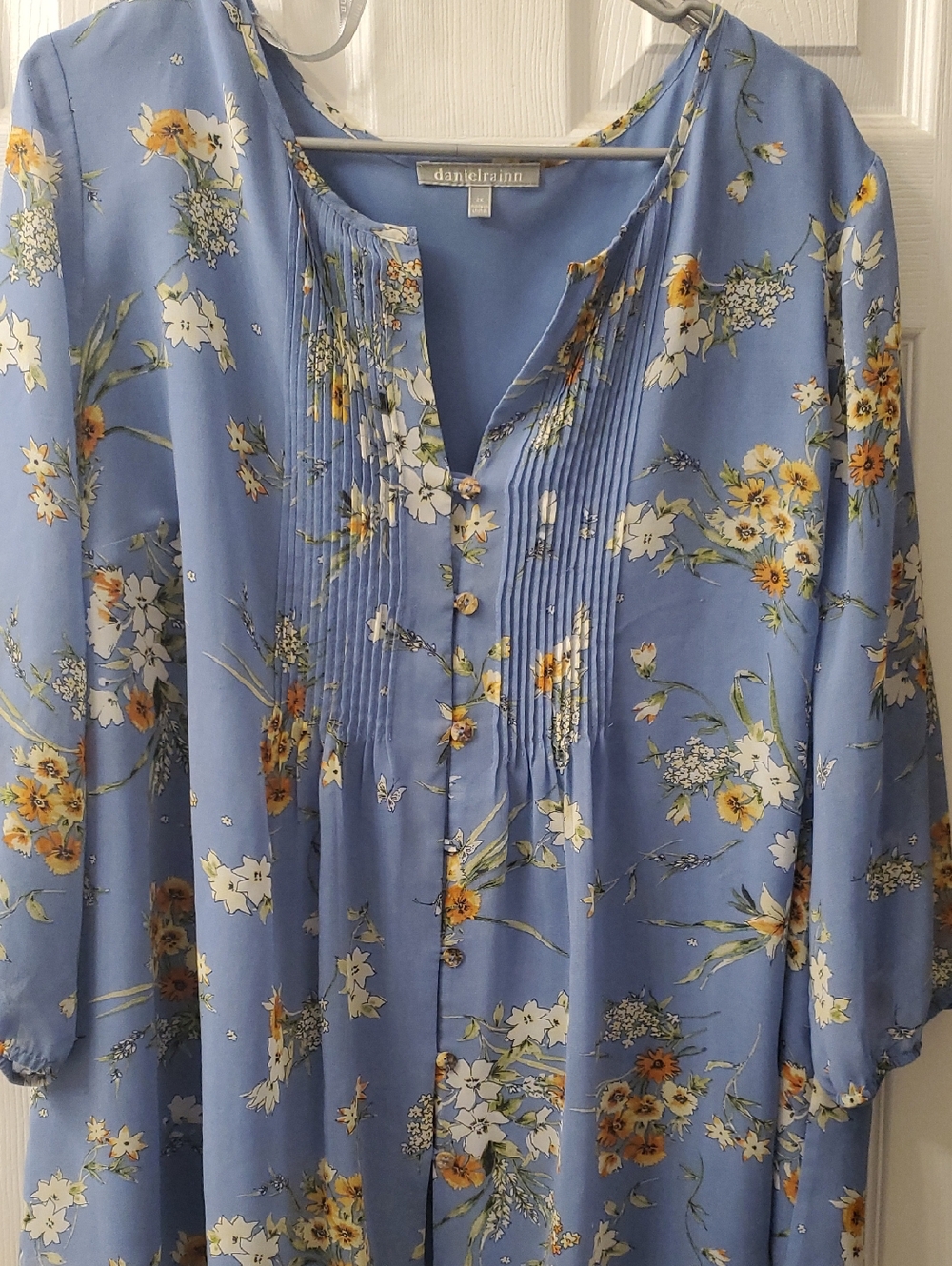 Daniel Rainn Blue Floral Pintuck Button Tunic with Yellow Accents